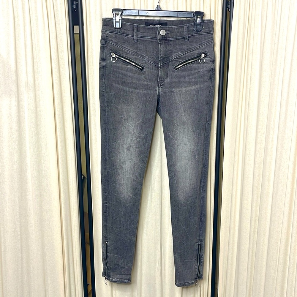 EUC- EXPRESS- GRAY HIGH RISE SKINNY ANKLE ZIPPER STRETCH MOTO PANTS SIZE 6R